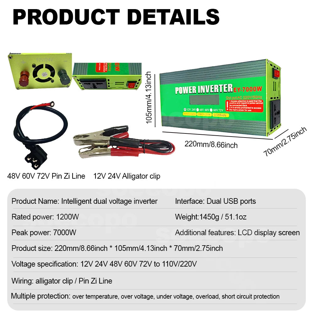 Smart Dual Voltage Inverter 7000W Peak Power LCD Screen Monitoring Multi-Protection Dual USB Ports 12V-72V Compatibility Zpaxo
