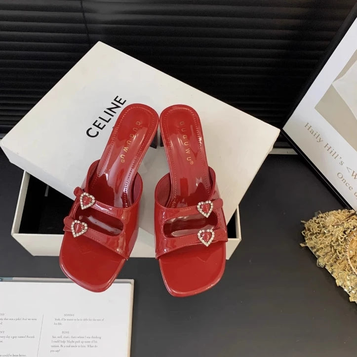 Women's Slippers 2024 New Summer Square Toe Rhinestone Buckle High Heels Casual Sexy Slim Heels Women's Cool Slippers Women's Zpaxo red 41