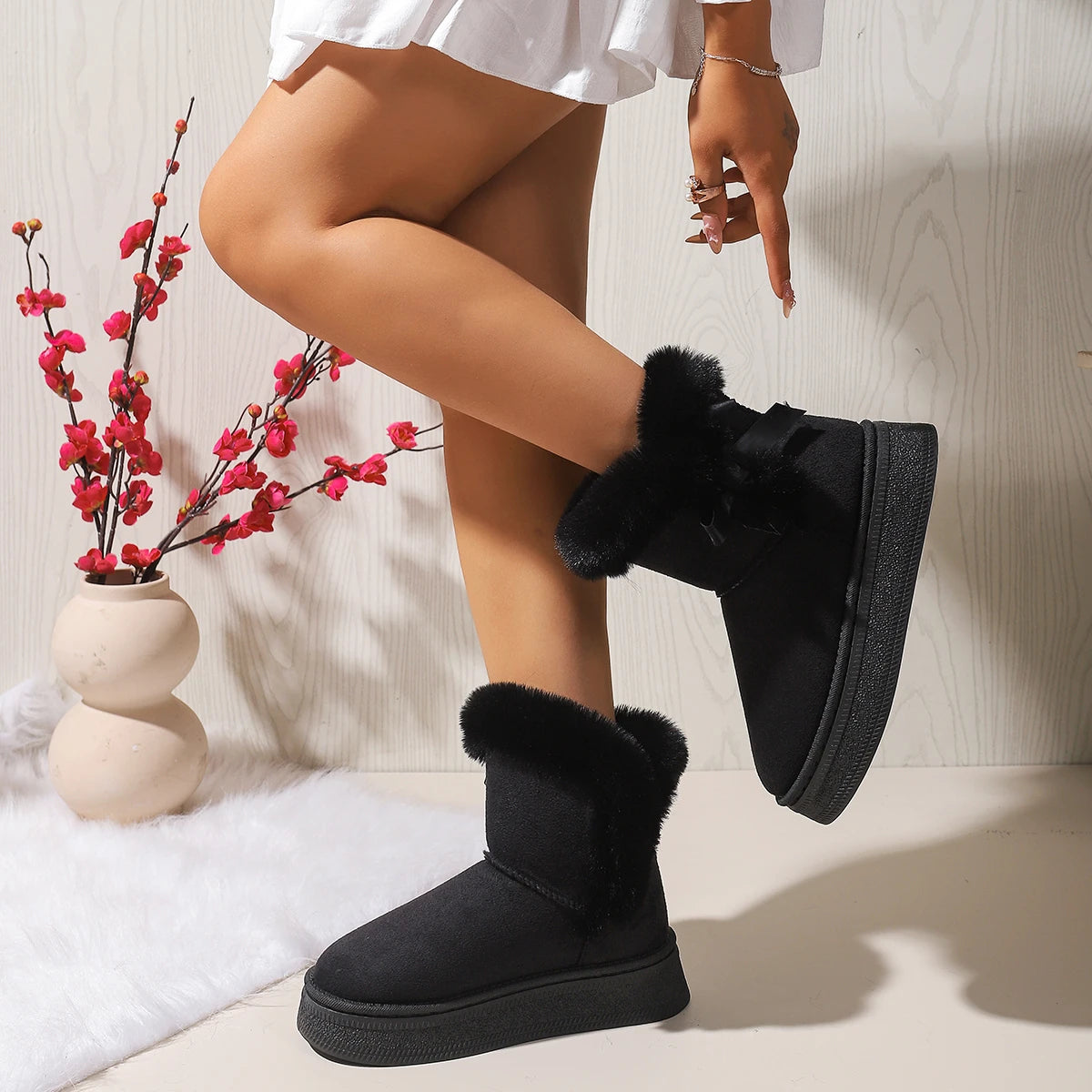 Comfortable Fashion Casual Flocking Winter Warm Ankle Length Snow Boots Women Shoes 2025 Bow Tie Thicken Female Boots Ladies Zpaxo