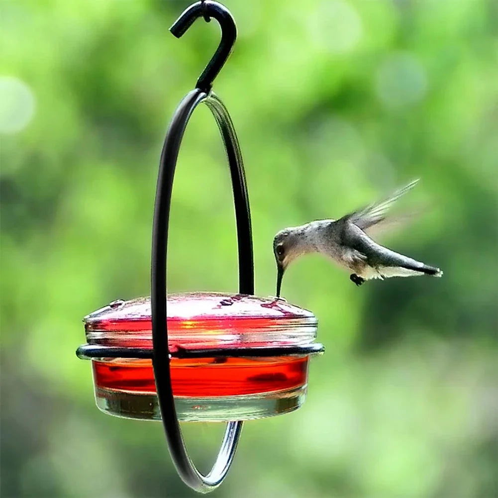 1- Hanging Hummingbird Feeder Red Glass Bowl Tray Garden Decoration