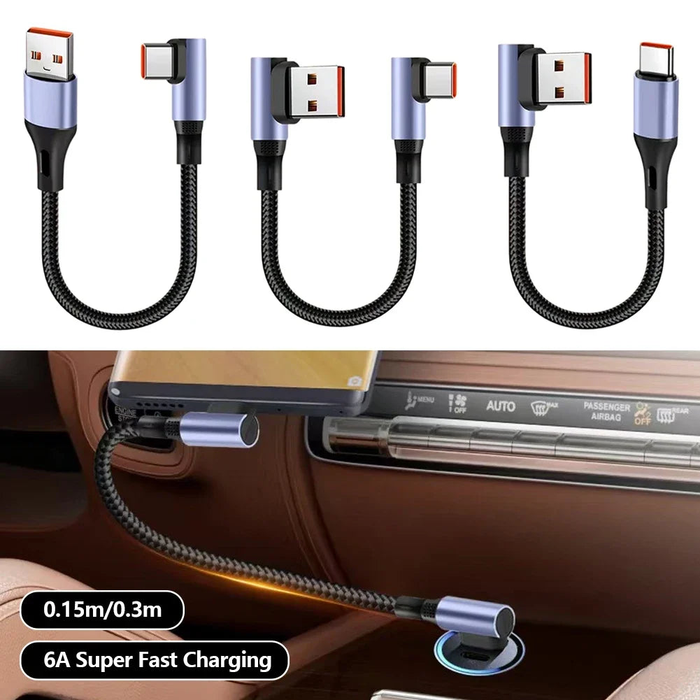 90° Elbow USB-A to USB-C Cable 15/30cm – 100W 6A Fast Charge