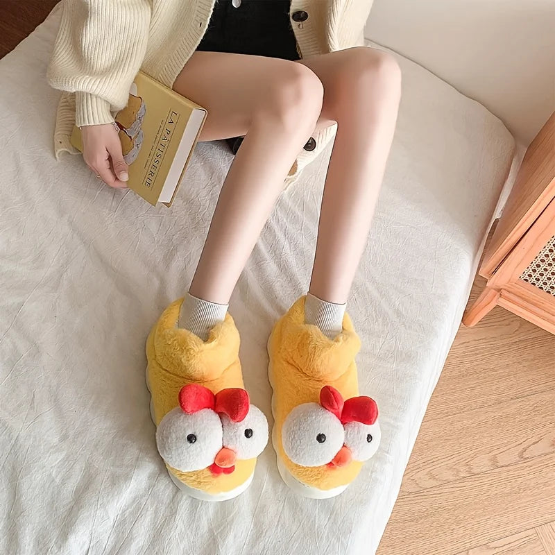 SHAJI Unisex Funny Big-eyed Chicken Plush Slippers Winter Warm Thick