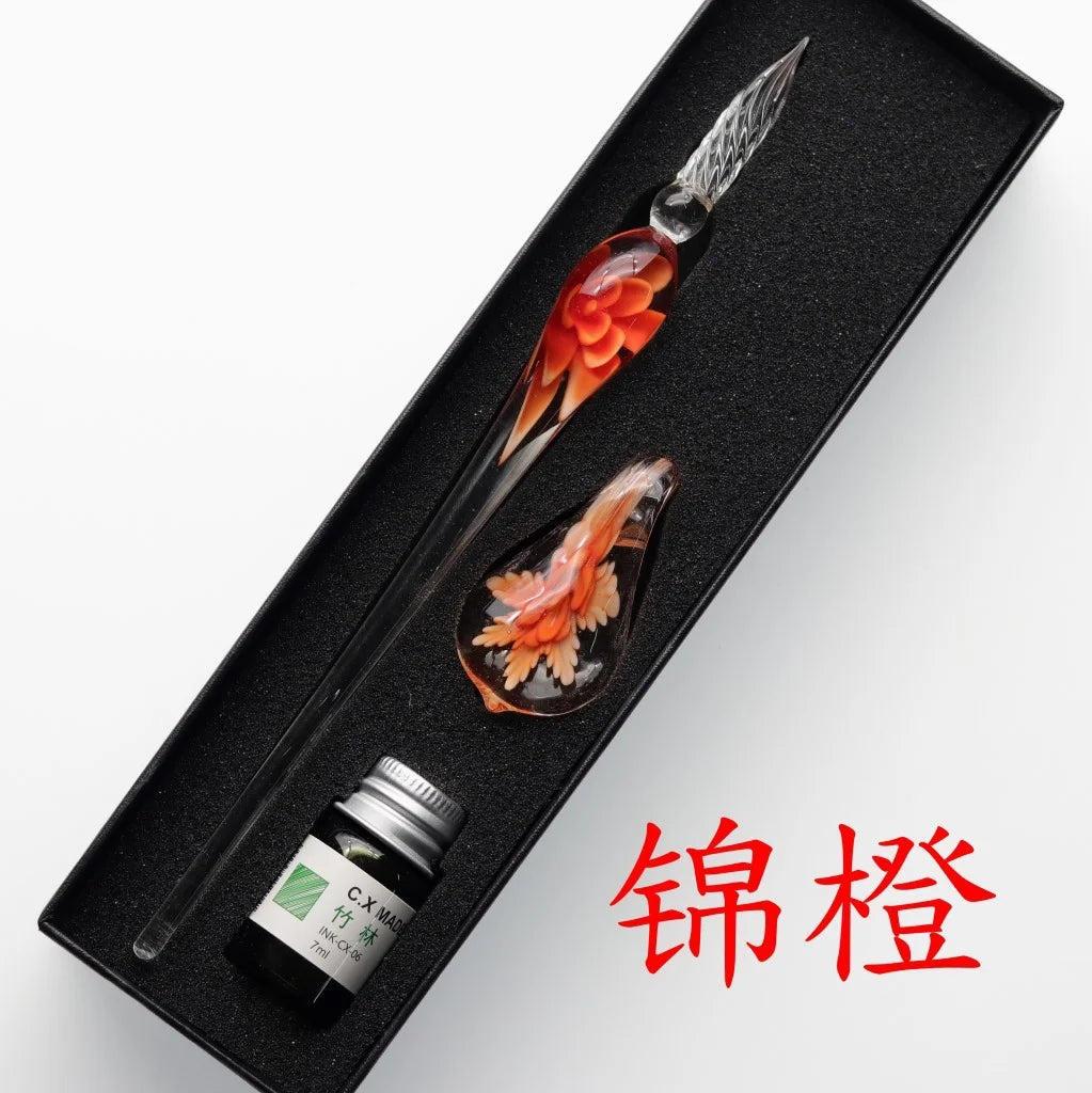 Embedded Flower Glass Dip Pen Set – Starry Sky Gold Ink Gift