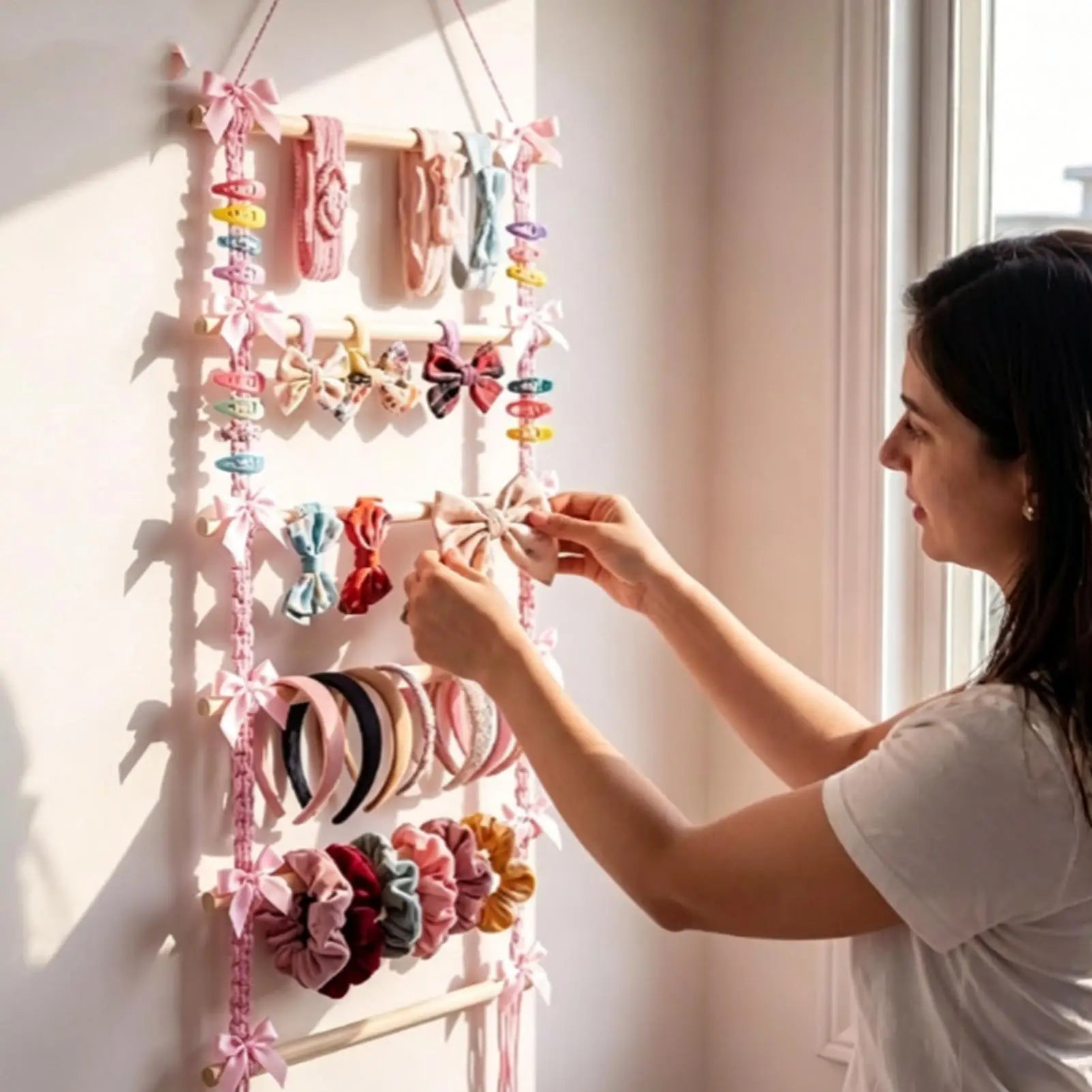 Macrame Hair Accessory Storage Hanging Clip Organizer Pink Bow Holder