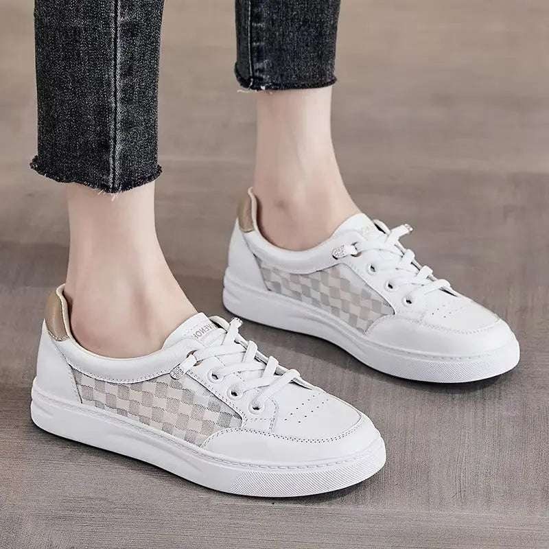Breathable Checkerboard Mesh White Sneakers Women 2026 Summer Leather Zpaxo
