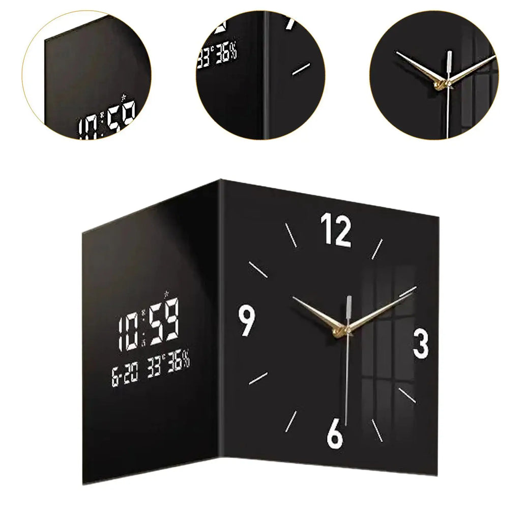 Double Sided Corner Wall Clock with Temperature & Date Display Double Sided Wall Clock Zpaxo