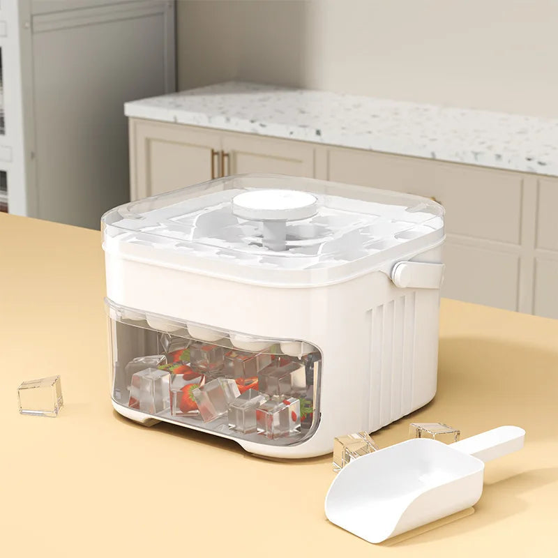 Hot Food-grade Ice Cube Mold Bucket, Press-type Ice Cube Mold, Refrigerator Frozen Ice Cube Food Storage Box Tray Zpaxo White