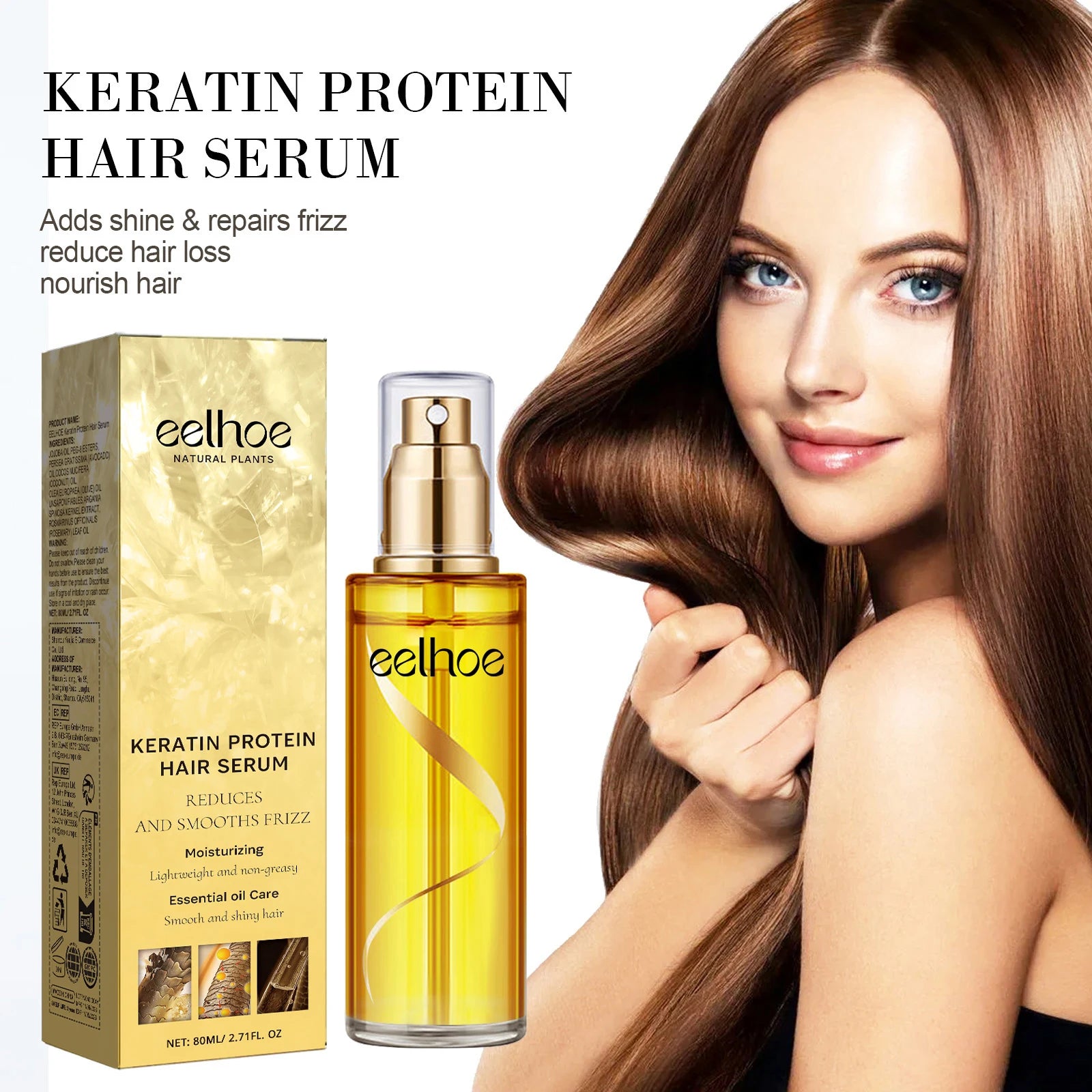 EELHOE Keratin Hair Growth Serum Natural Repair Essence Spray for Dry Curly Hair Hydrate Smooth Frizz Control Growing Hair Care Zpaxo