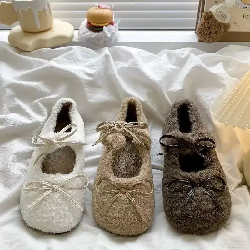 Women Snow Boots with Strap Warm Rabbit Fur Plush Lined Ankle Boots Shearling Ballet Flats Crystal Buckle Mary Jane Flat Shoes Zpaxo