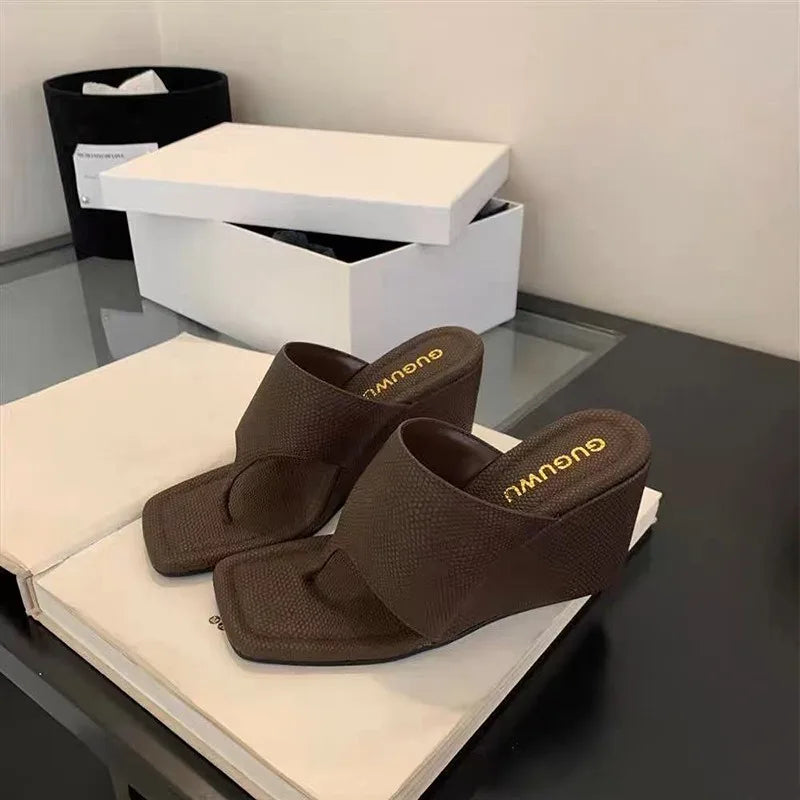 2025 Spring Autumn Slimming Slope Heel Korean Version Bare Toe Flip Zpaxo Brown 41