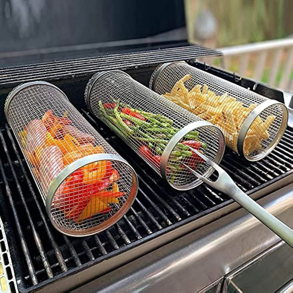 Stainless Steel BBQ Basket Portable Rolling Grilling Wire Mesh Cylinder Grill Rack for Outdoor Camping round Barbecue Holder Zpaxo