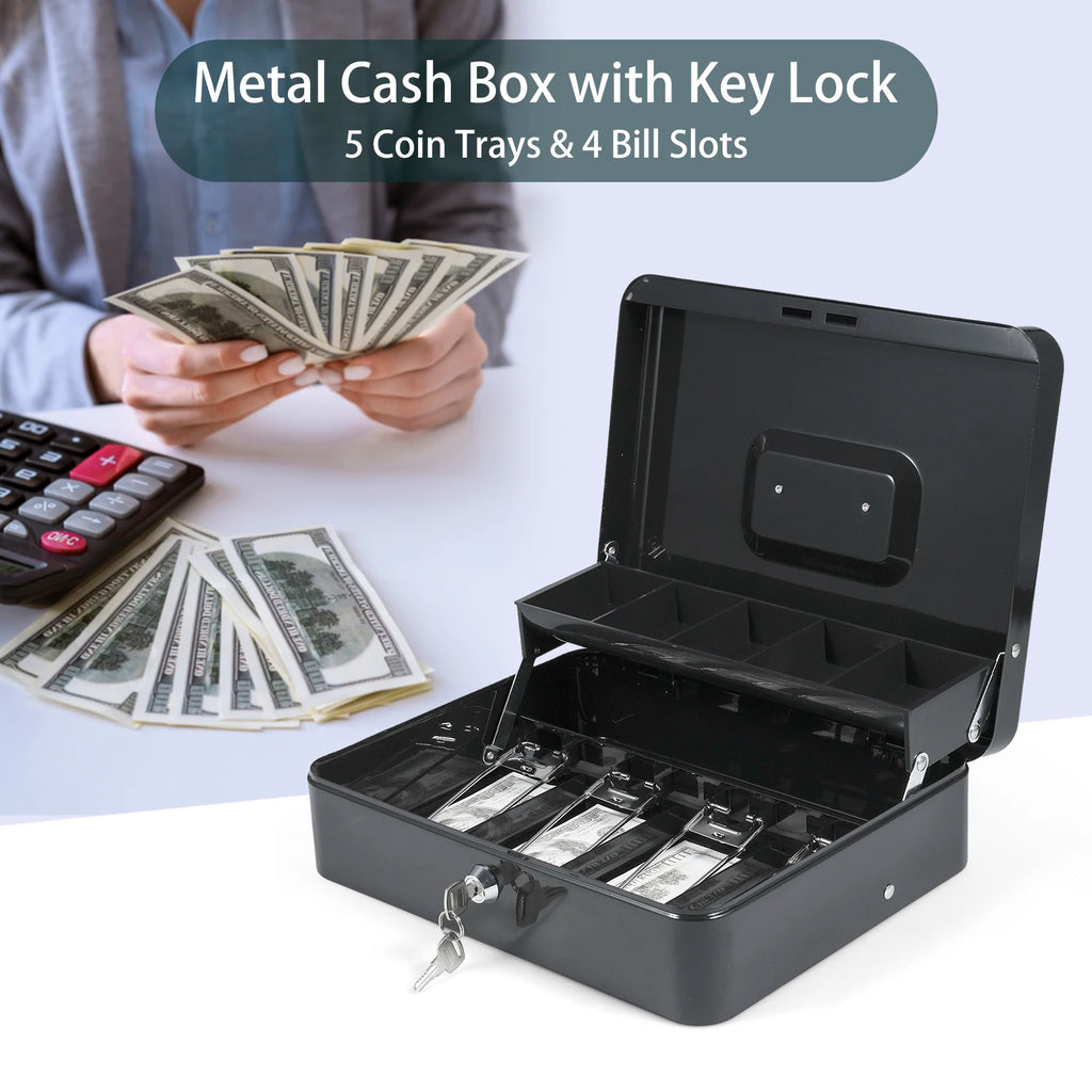 Cash Box Metal Money Box with Coin Trays Cantilever Design & Bill Slot with Spring Clips to Organize for Valuables Zpaxo