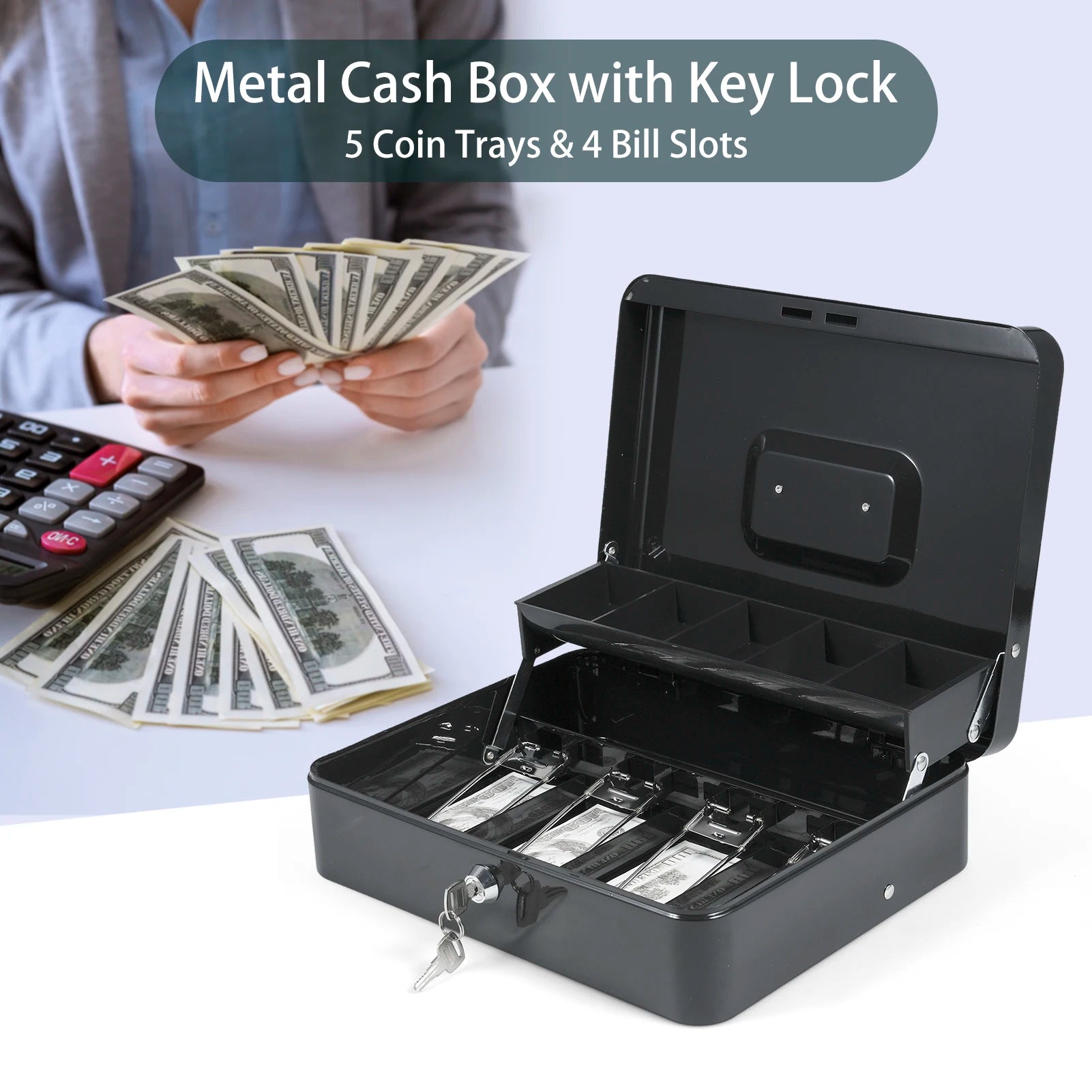 Cash Box Metal Money Box with Coin Trays Cantilever Design & Bill Slot with Spring Clips to Organize for Valuables Zpaxo