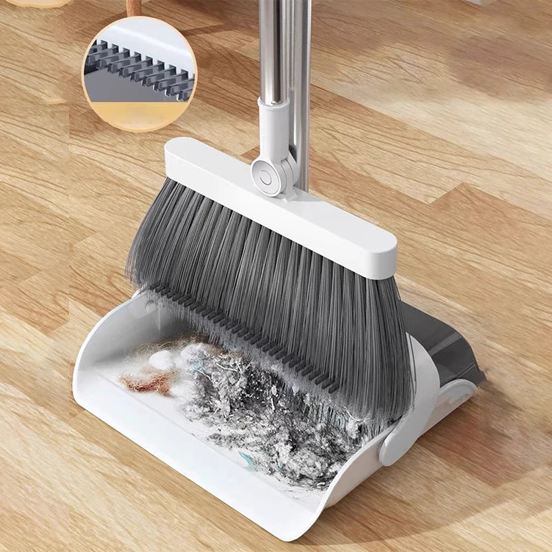Broom Foldabl Dustpan Cleaning Tool Set Comb Teeth 180° Rotation Combo Upright Standing Portable Kitchen Floor Pet Hair Zpaxo