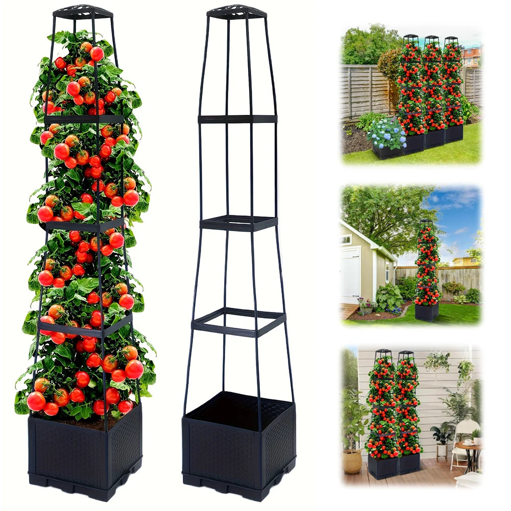 4 Tier Planter Tower Trapezoidal Trellis Tomato Cage Garden Box