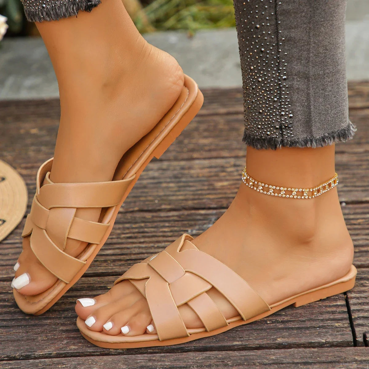 Women Slippers 2025 New Designer Slippers Beach Flats Woman Shoes Casual Walking Sandals Open Toe Slides Women Zapatos De Muje Zpaxo Khaki 37