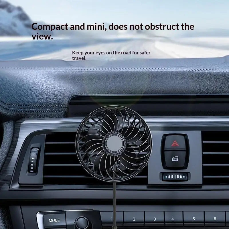 USB Car Air Vent Fan – 3-Speed 360° Adjustable 5-Blade Low Noise