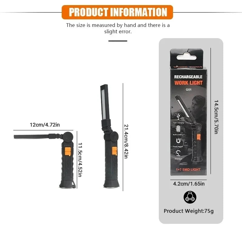 Rechargeable Magnetic COB LED Work Light – Folding Camping Flashlight