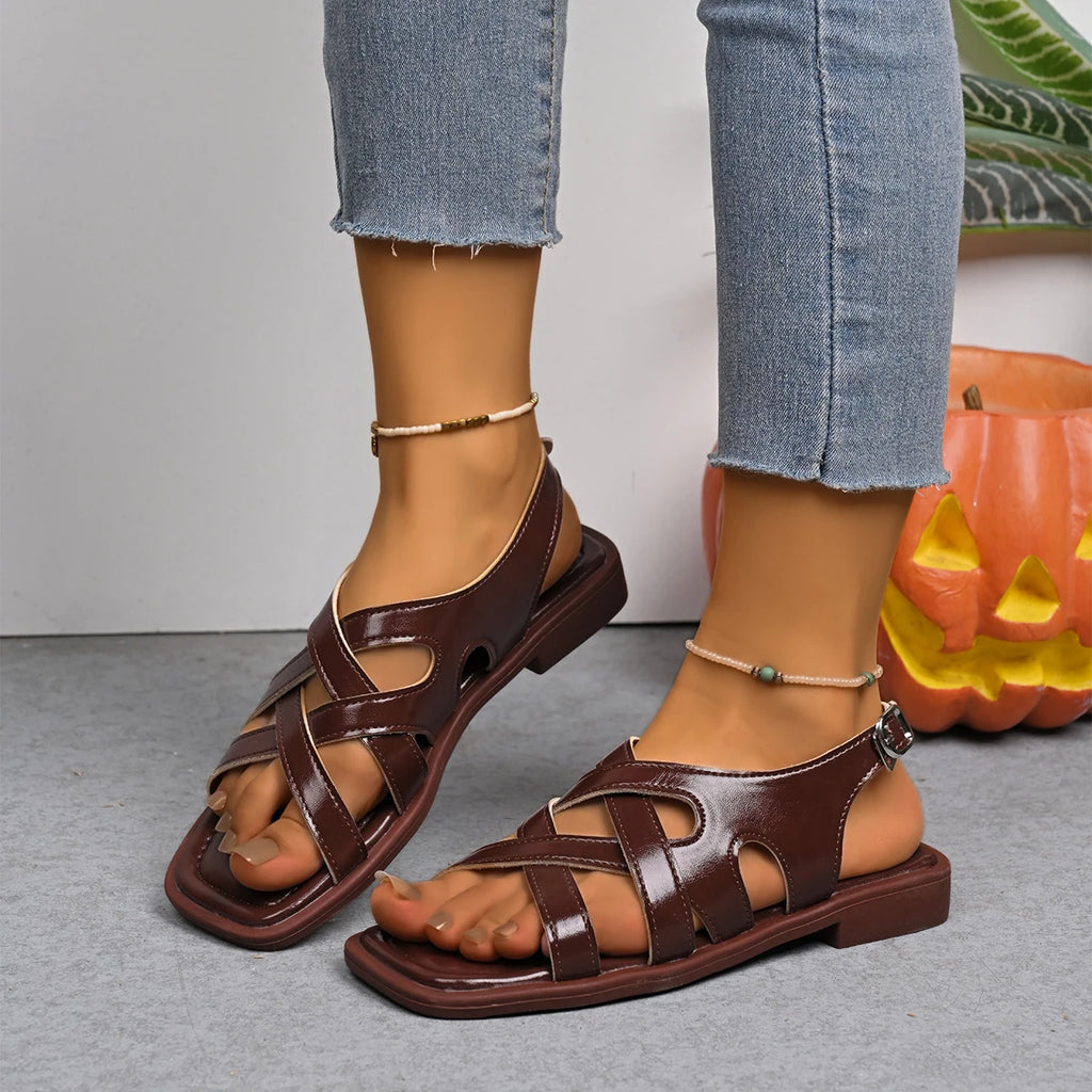 Women Sandals Solid Braided Casual Thong Soft Single Flat Shoes Zpaxo Brown 38