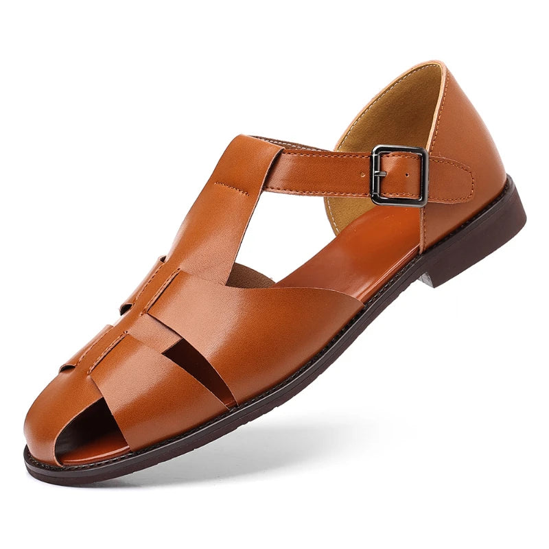 Vintage Brown Leather Roman Sandals Breathable Closed Toe Summer Zpaxo