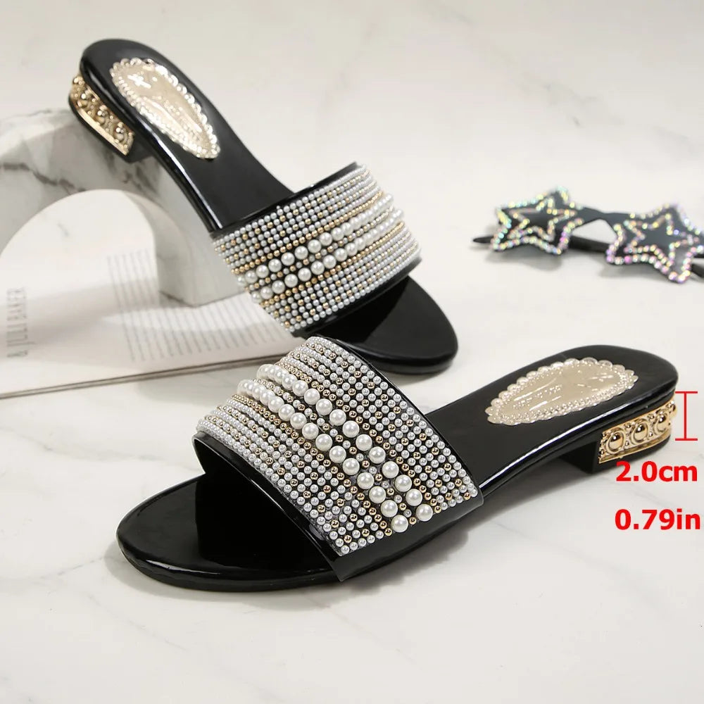 Women's Black Beaded Flat Slide Sandals 2026 Summer Square Toe Slip Zpaxo 43 image color 1