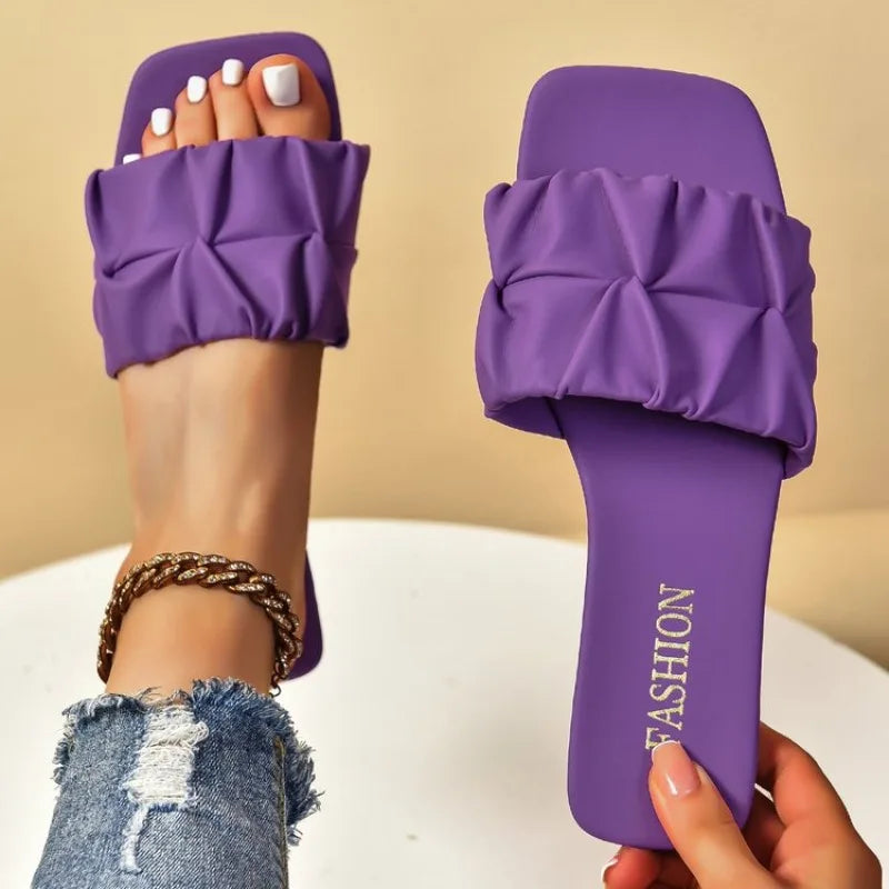 Summer Slippers Women Flip Flops Flats 2024 Pleated Korean Sandals