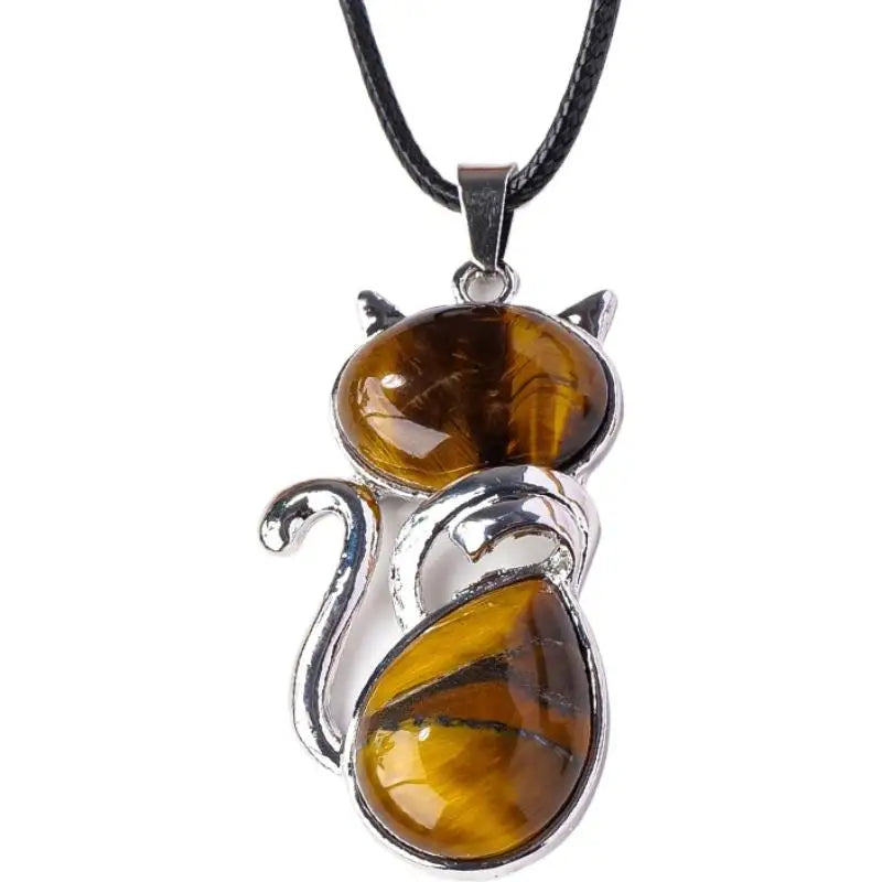 Natural Stone Cat Pendant – Amethyst, Tiger Eye & Crystal Crystal Pendant Necklace Zpaxo G