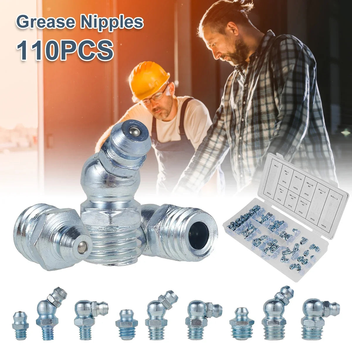110 Pcs Grease Nipple Fittings Assortment Kit Straight 45/90-Degree Angled Galvanized Metal Grease Nipple Set M6 M8 M10 for Moto Zpaxo