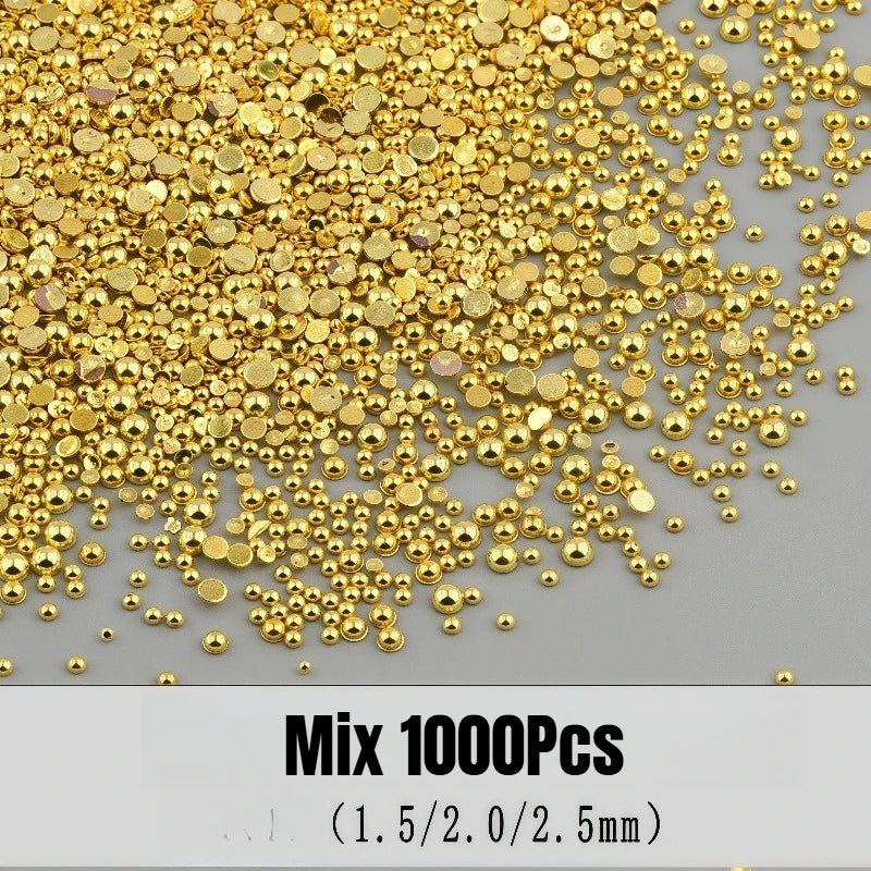 1000Pcs Gold 1.5/2/2.5mm Nail Art Rhinestones Nail Beads Alloy Gem Stones Flatback Nail Art Charms For Manicure 3D Stones Zpaxo Mix1000pcs-S