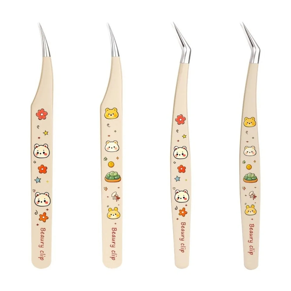 Cartoon Bear Print Curved Stickers Tweezers Stainless Steel Tip Zpaxo