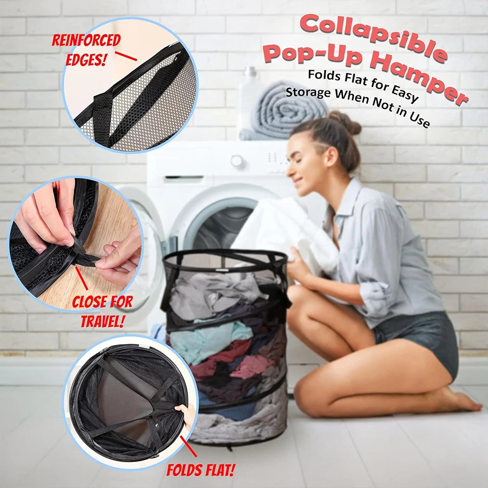 Mesh Collapsible Laundry Basket Foldable Large Clothes Hamper with Handles for Laundry Room Bathroom Black Zpaxo