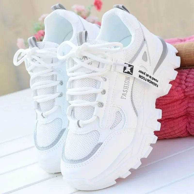 Women Sneakers Breath Thick Bottom Lightweight Sports Shoes 2025 New Lace-up Wedge Sneakers Women Comfortable Leisure Shoes Zpaxo