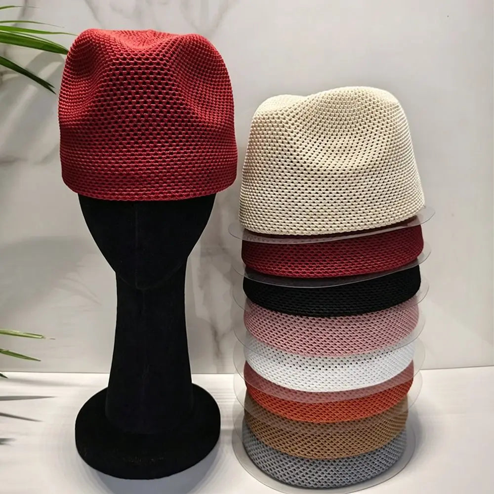 Breathable Mesh Knitted Pillbox Hat Lightweight Knit No Brim Design Mesh Panama Hat Multiple Colors Women Bucket Cap Zpaxo