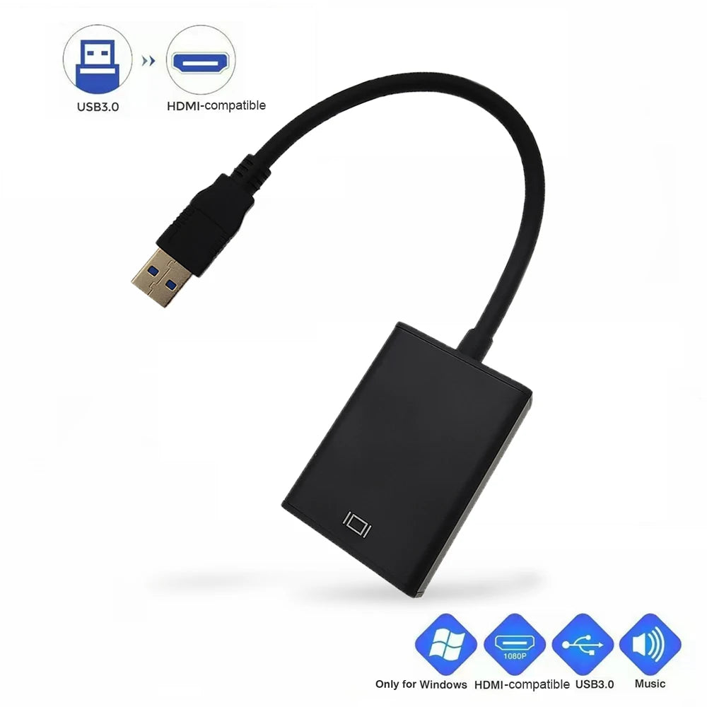 USB A Male to HDMI-Compatible Female Adapter USB 3.0 to HDMI-Compatible Converter 1080P External Graphics Video Card Cable Zpaxo