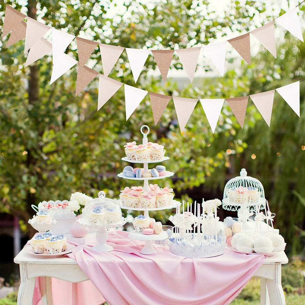 Birthday Linen Banner Burlap Triangles Flags Hanging Pennant