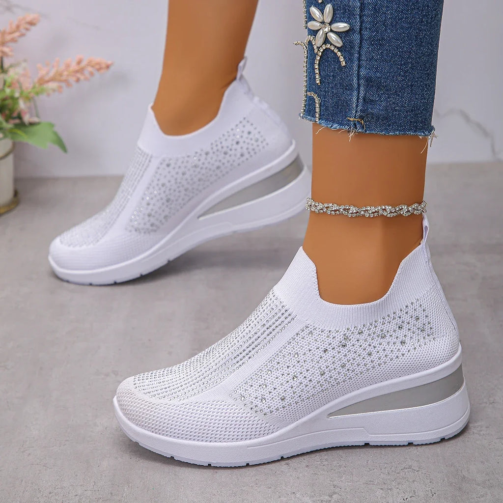 2025 Women Sneakers Rhinestone Wedge Breathable Knitted Running Shoes