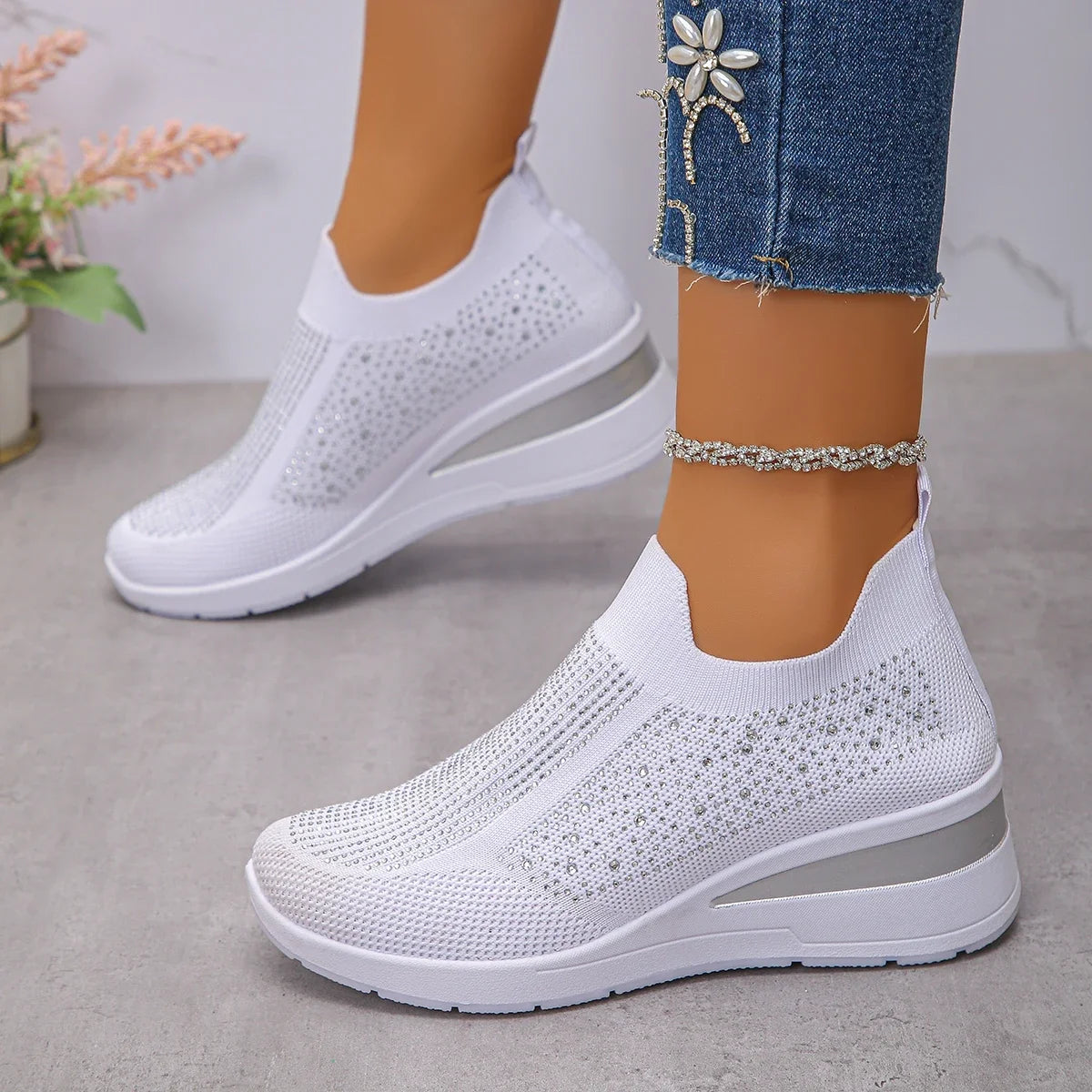 2025 New Women Sneakers Rhinestone Wedge Sneakers Women Breathable Knitted Running Shoes Woman Comfortable Slip on Sports Shoes Zpaxo