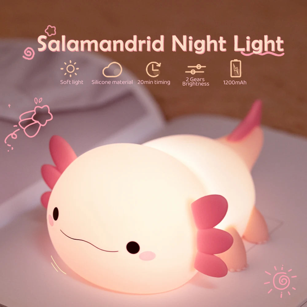 Novelty Silicone Axolotl Night Light Rechargeable Nursery Sleeping Lamp Touch Control Nightlights for Baby Room Decor Zpaxo