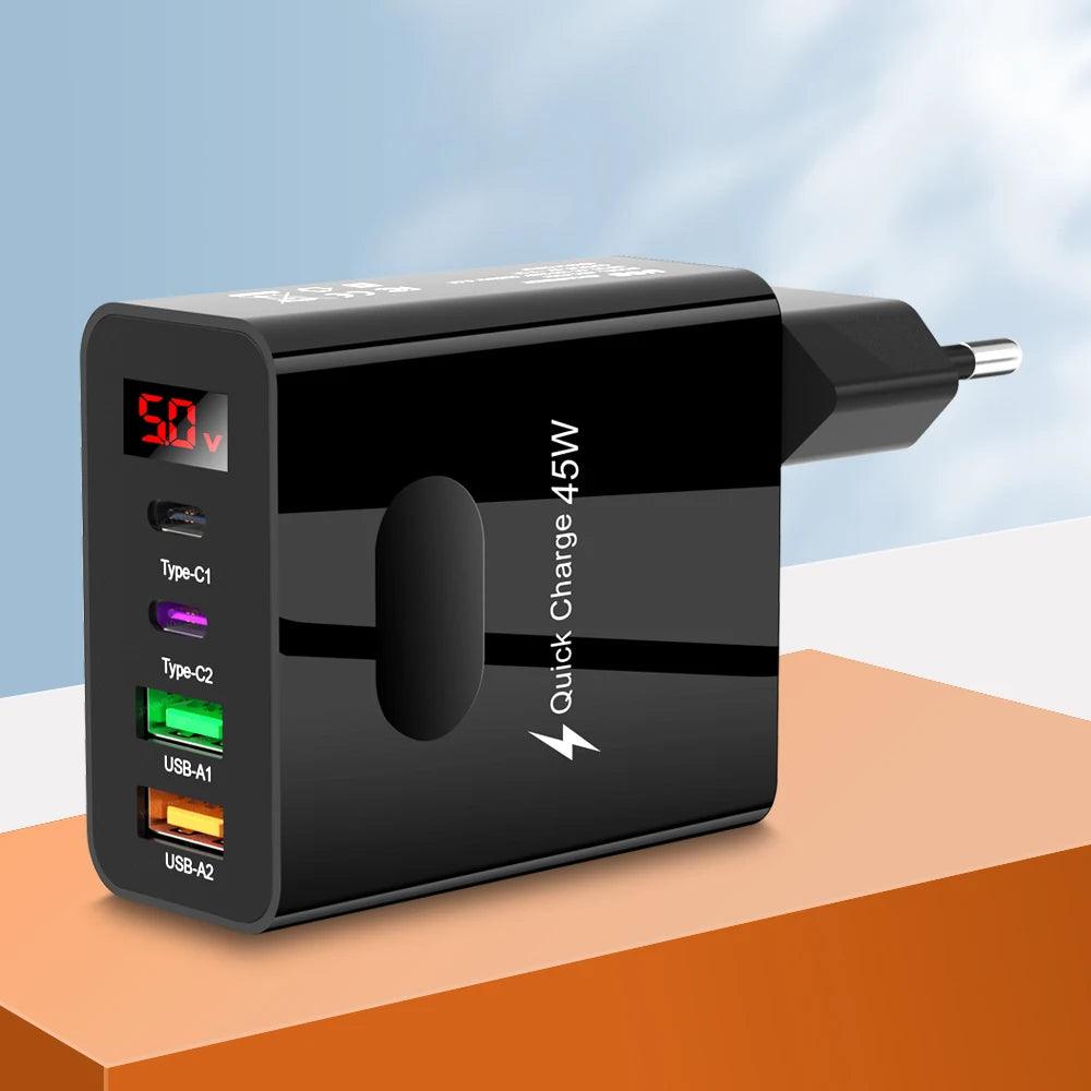 45W 4-Port USB-C Fast Wall Charger | QC 3.0 & PD Display USB Wall Charger Zpaxo EU Black