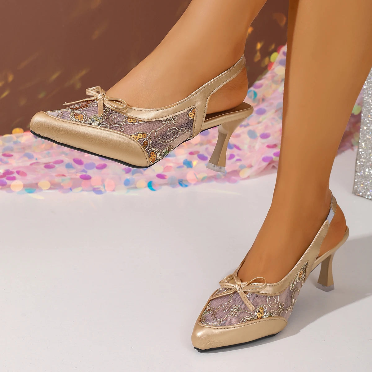 Women Sandals 2025 New Mesh Embroidered Sandals Women String Bead High Heels Mules Shoes Pointed Toe Lightweight Slippers Women Zpaxo