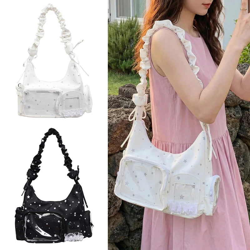 Women Canvas DIY Badge Crossbody Bag Zipper Cartoon Tote Handbag