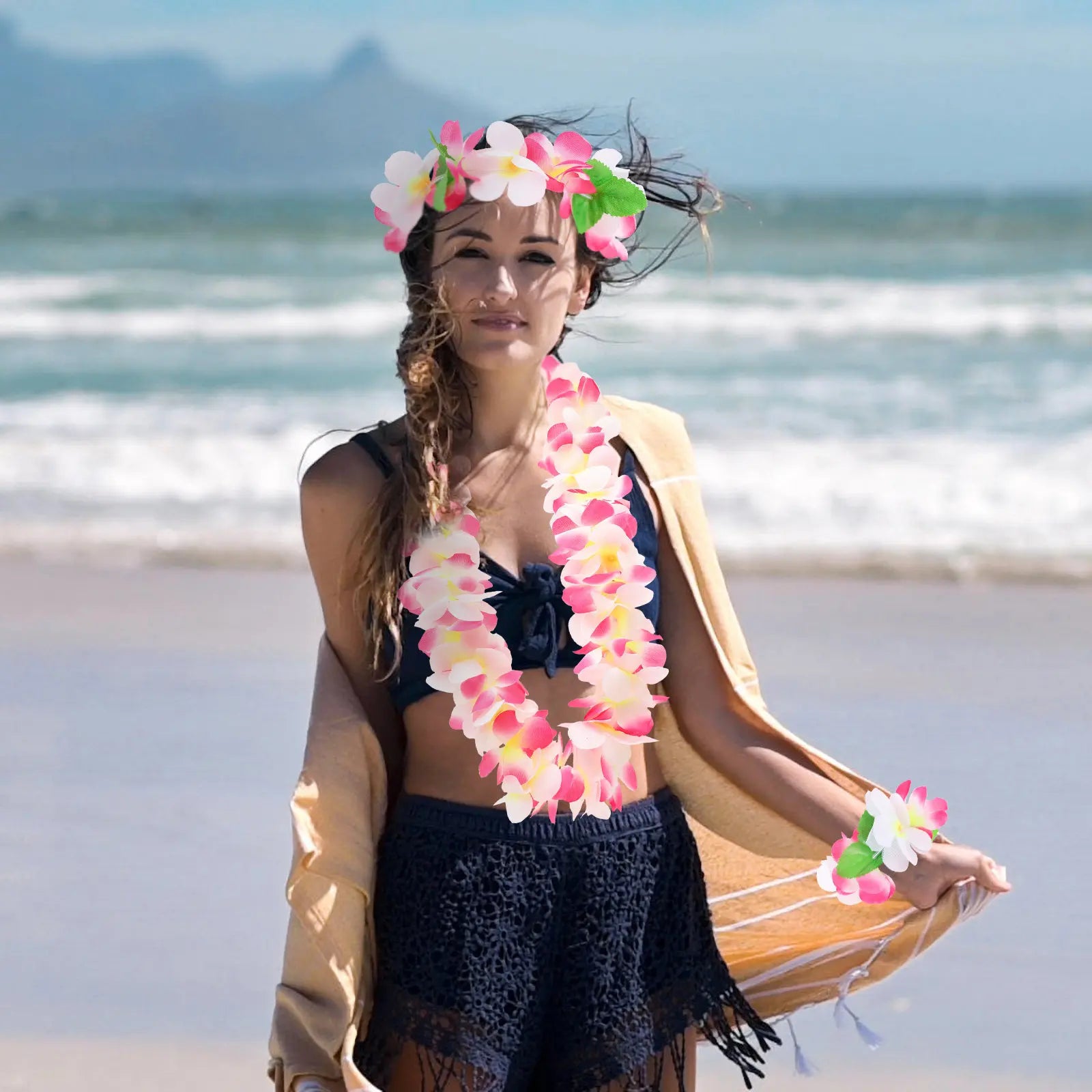 1Set Hawaiian Flower Leis Set Sweet Elegant Design Light Weight Comfortable Wear Festive Garland for Beach Party Holiday Medal Zpaxo