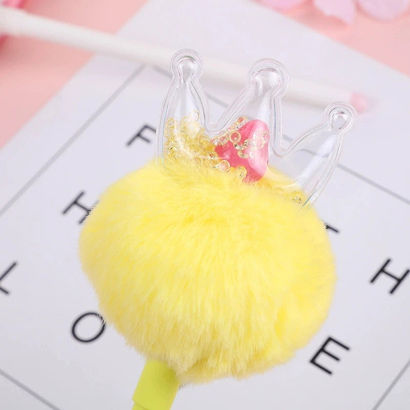 Kawaii Crown Pom Gel Pen Cute Fluffy Plush Black Ink Writing Pastel