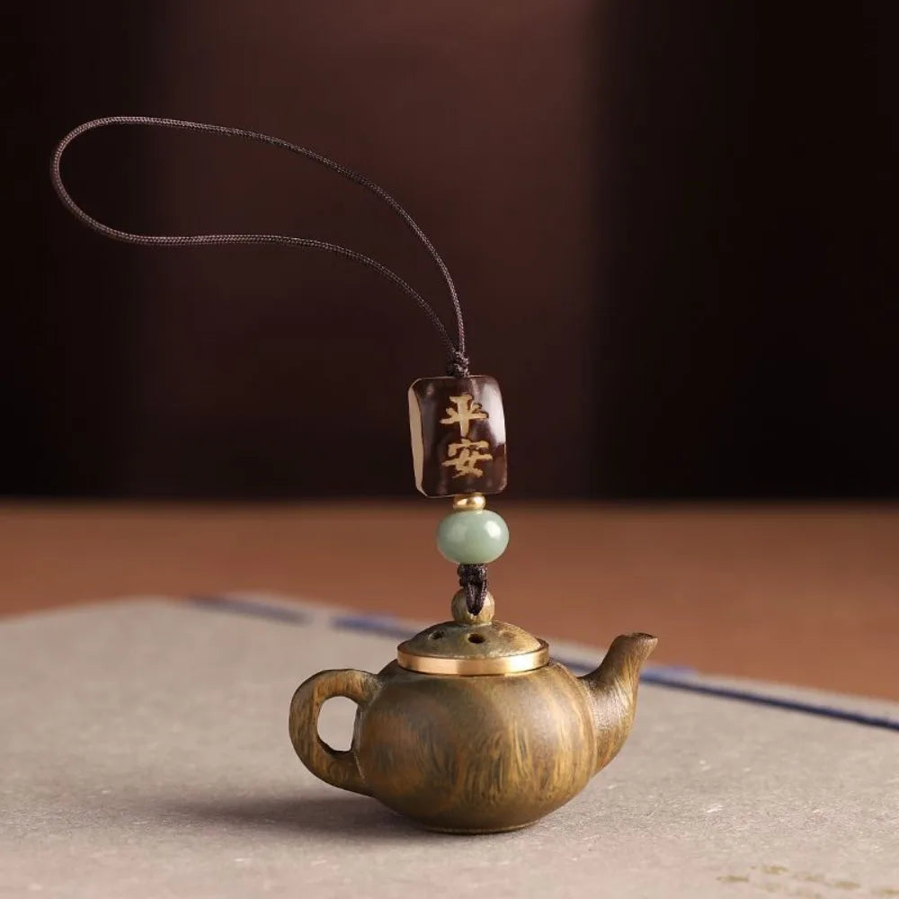 Openable Little Teapot Keychain Waterproof Carved Teapot Pendant Green Sandalwood Woven Rope Phone Chain Zpaxo