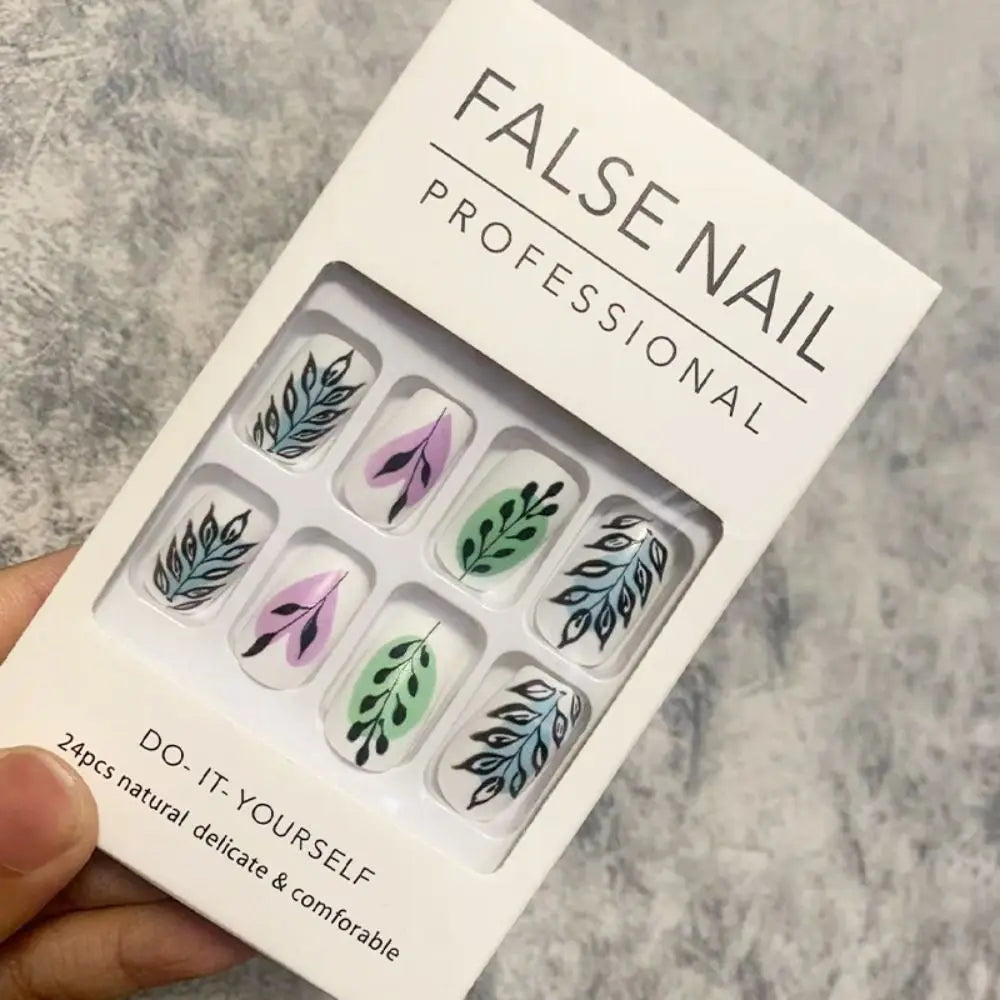 Short Ballerina French False Nails Abstract Leaf Graffiti Full Cover Zpaxo