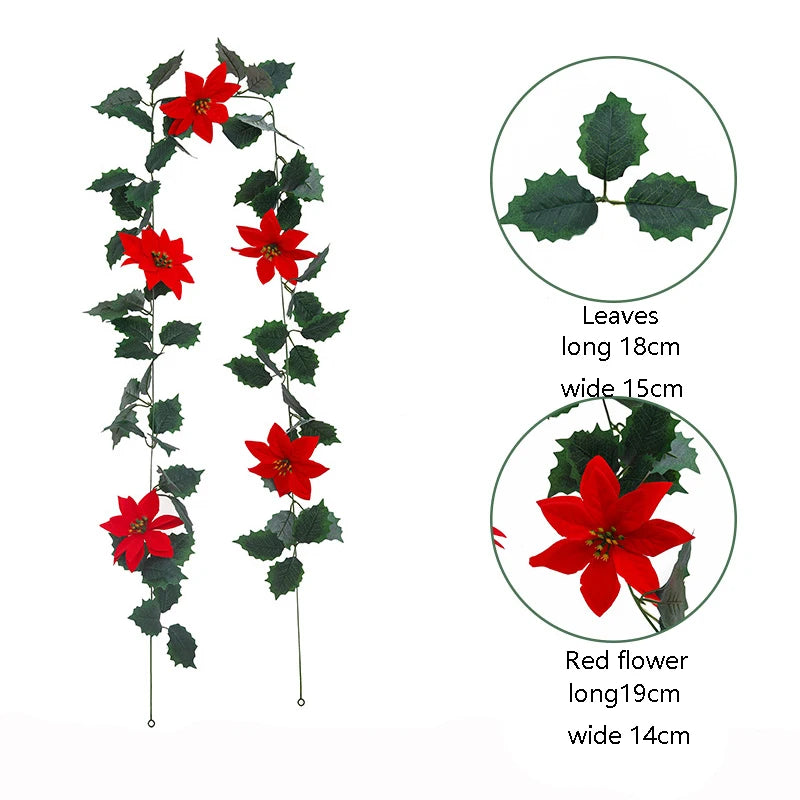 2M Artificial Holly Leaves Vine Red Berries Christmas Rattan DIY