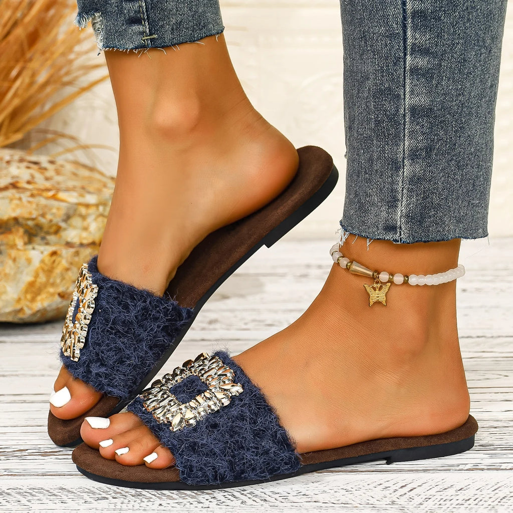 Women Slippers Summer Outdoor Flat Sandals Comfortable Diamond Zpaxo Blue 43