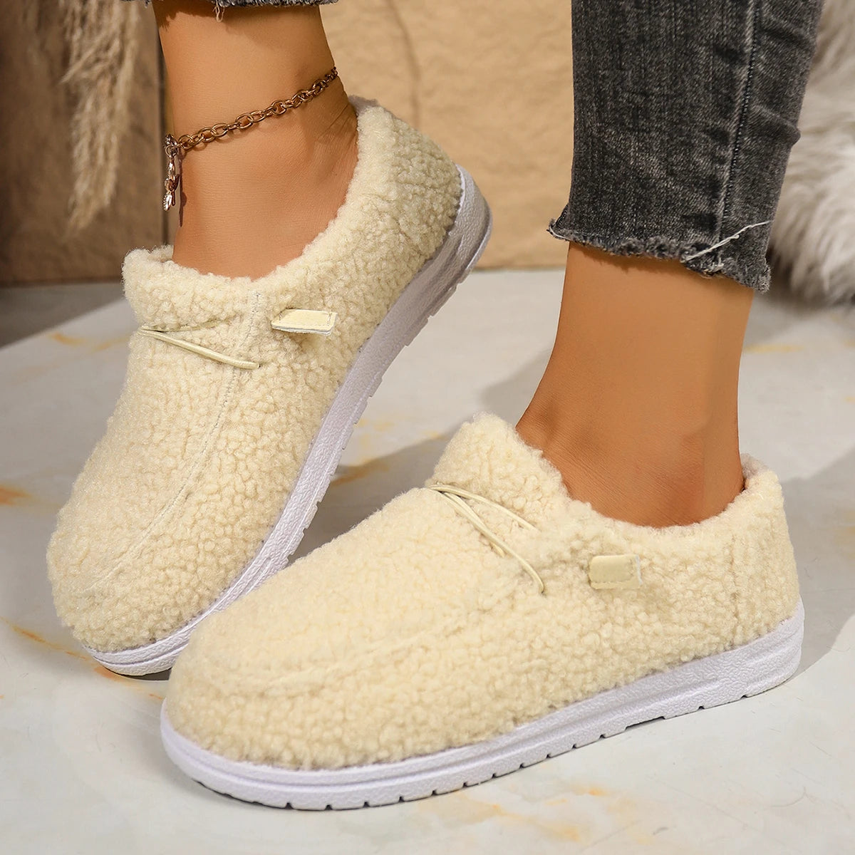 Women Snow Boots 2025 New Warm Flat Low-Top Loafers Comfortable Round Toe Ankle Boots Women Casual Cotton Slip-On Shoes Women Zpaxo Beige 40