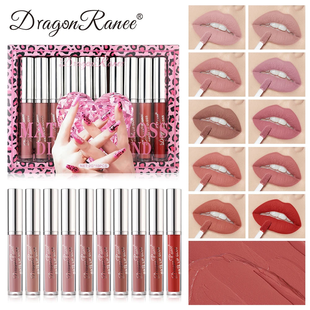 Lip Gloss Set of Ten in a Box, Velvet Soft Matte, Brightening, Versatile, Moisturizing Lipstick, Nude Color, Long-Lasting, Non-Stick, Non-Fading Lip Gloss Zpaxo Dr142