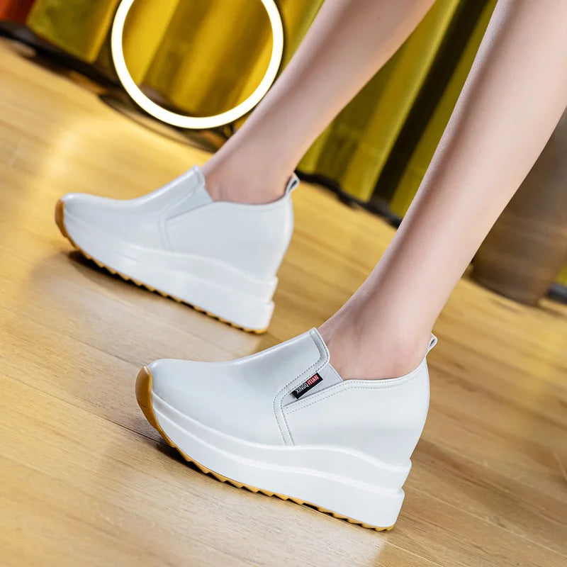 Leather Wedge Sneakers Women Slip Design Round Toe Non Thick Sole Zpaxo